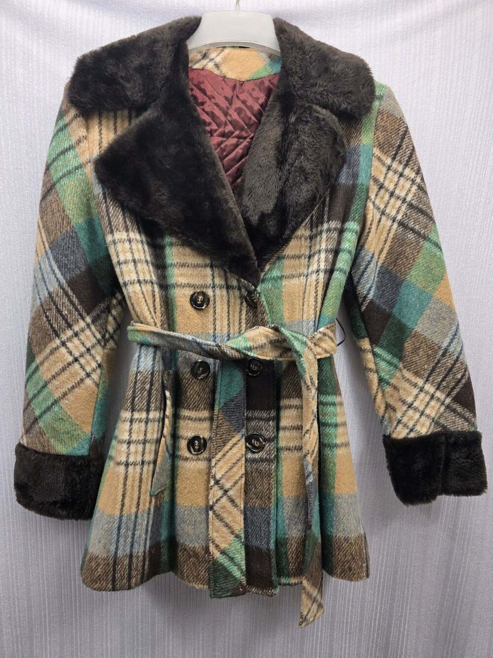 Vintage RETRO Green Plaid Wool Blend Coat with Faux Fur Collar and Cuffs